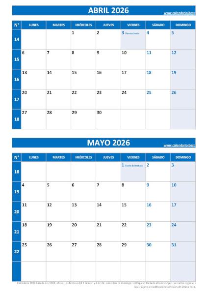Calendario abril y mayo 2026 para imprimir en 1 página vertical, plantilla azul (PDF y JPG)