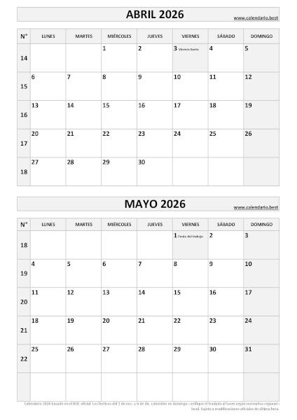 Calendario abril y mayo 2026 para imprimir en 1 página vertical, plantilla blanco y negro (PDF y JPG)