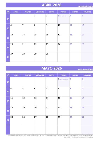 Calendario abril y mayo 2026 para imprimir gratis, diseño violeta elegante vertical (PDF y JPG)