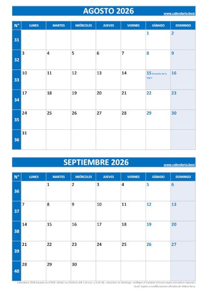 Calendario agosto y septiembre 2026 para imprimir en 1 página vertical, plantilla azul (PDF y JPG)