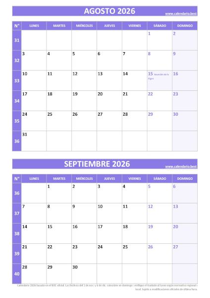 Calendario agosto y septiembre 2026 para imprimir gratis, diseño violeta elegante vertical (PDF y JPG)