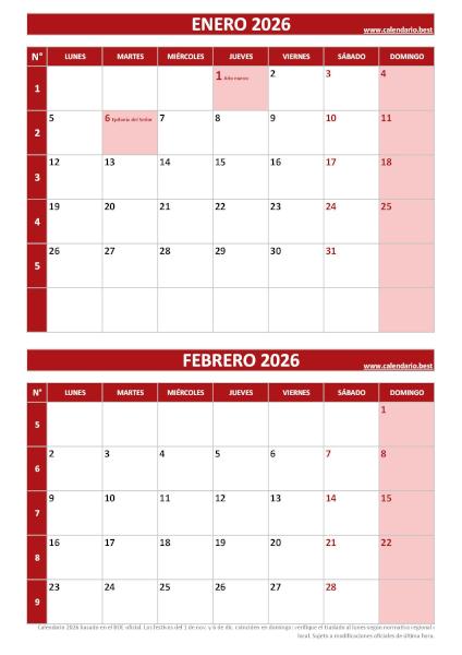 Calendario vertical de enero y febrero 2026 para imprimir