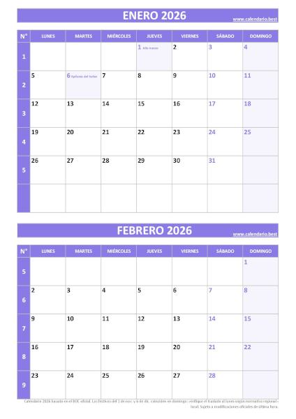 Calendario enero y febrero 2026 para imprimir gratis, diseño violeta elegante vertical (PDF y JPG)