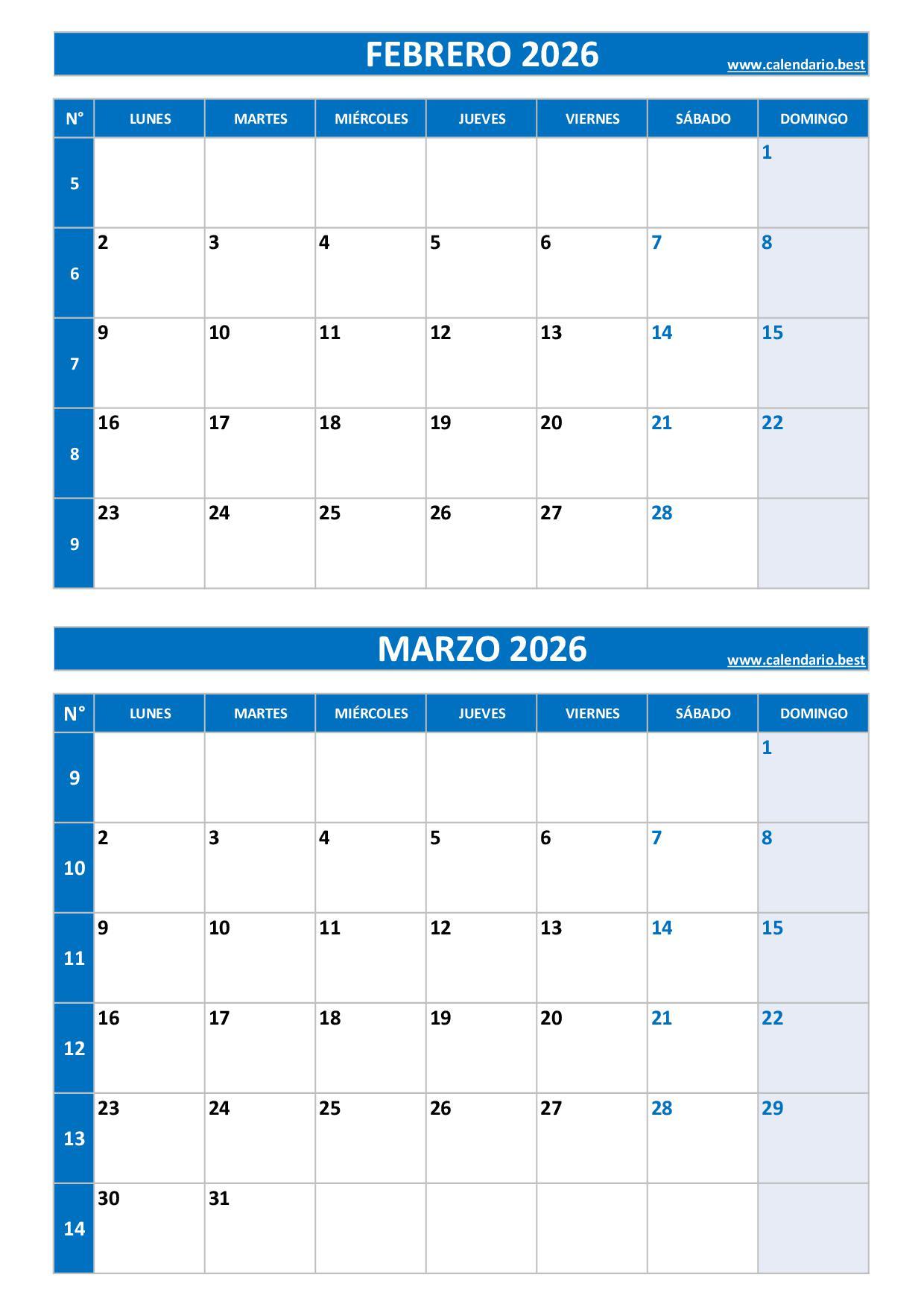 Calendario febrero y marzo 2026 para imprimir en 1 página vertical, plantilla azul (PDF y JPG)