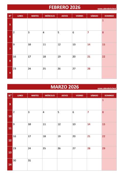 Calendario vertical febrero y marzo 2026 para imprimir
