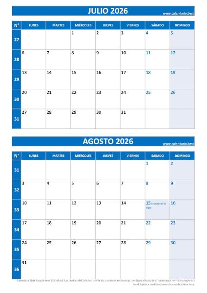 Plantilla de calendario 2026 vertical 2 meses por página para imprimir