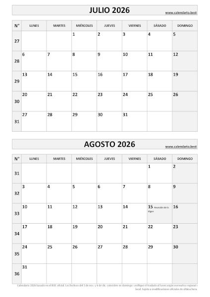 Calendario de julio y agosto 2026 en formato vertical azul para imprimir