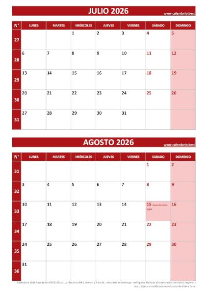 Calendario de julio y agosto 2026 en formato vertical rojo para imprimir