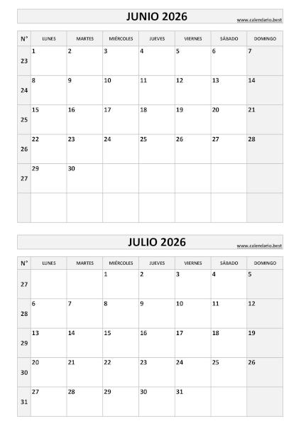 Calendario junio y julio 2026 para imprimir en 1 página vertical, plantilla blanco y negro (PDF y JPG)