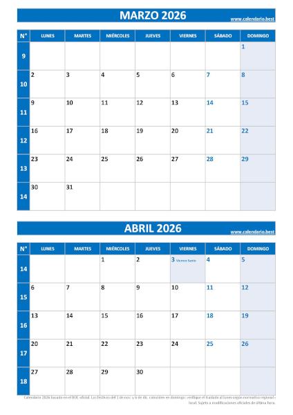 Calendario marzo y abril 2026 para imprimir en 1 página vertical, plantilla azul (PDF y JPG)