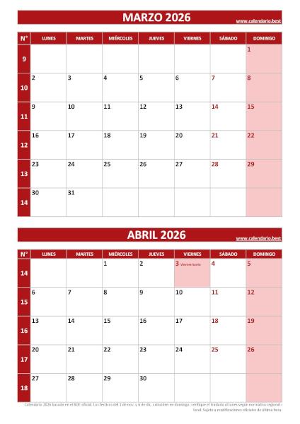 Calendario marzo y abril 2026 para imprimir en 1 página vertical, plantilla rojo (PDF y JPG)
