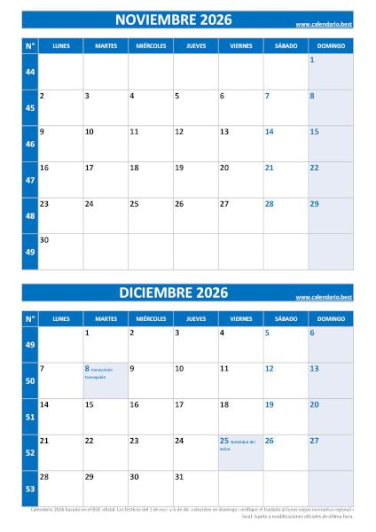 Calendario vertical noviembre y diciembre 2026 fin de año