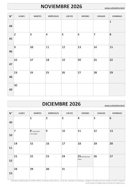 Calendario noviembre y diciembre 2026 para imprimir en 1 página vertical, plantilla blanco y negro (PDF y JPG)