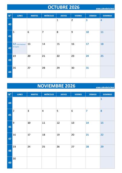Calendario octubre y noviembre 2026 para imprimir en 1 página vertical, plantilla azul (PDF y JPG)