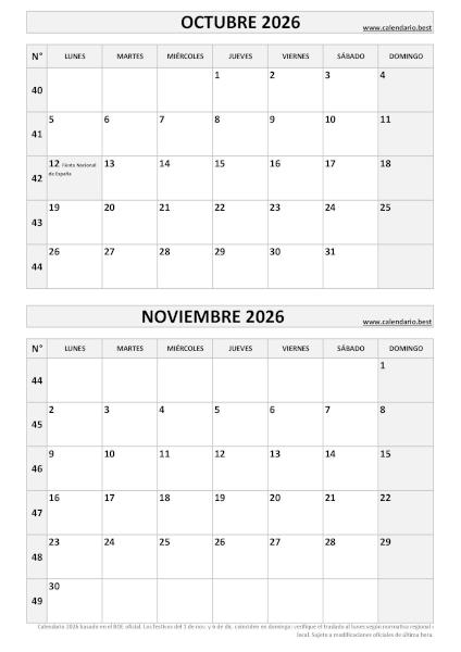 Calendario octubre y noviembre 2026 para imprimir en 1 página vertical, plantilla blanco y negro (PDF y JPG)