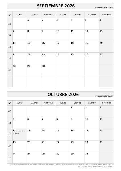 Calendario septiembre y octubre 2026 para imprimir en 1 página vertical, plantilla blanco y negro (PDF y JPG)
