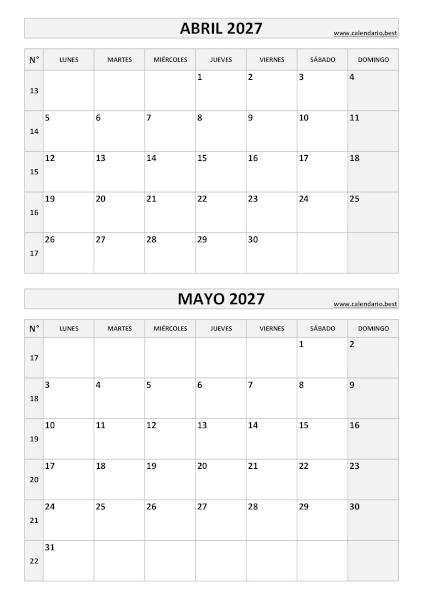 Calendario abril y mayo 2027 para imprimir en 1 página vertical, plantilla en blanco y negro (PDF y JPG)
