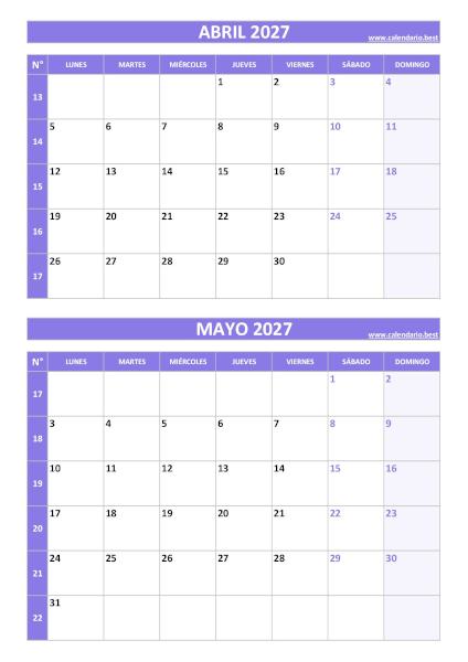 Calendario abril y mayo 2027 para imprimir gratis, diseño violeta elegante vertical (PDF y JPG)