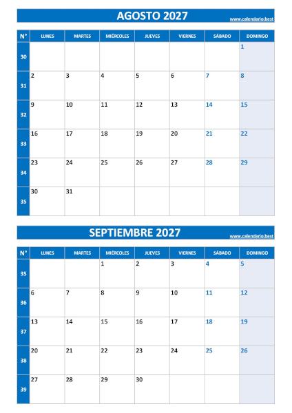 Calendario agosto y septiembre 2027 para imprimir en 1 página vertical, plantilla azul (PDF y JPG)