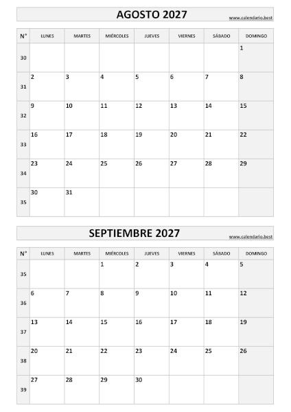 Calendario agosto y septiembre 2027 para imprimir en 1 página vertical, plantilla en blanco y negro (PDF y JPG)