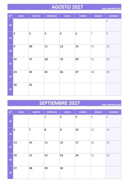 Calendario agosto y septiembre 2027 para imprimir gratis, diseño violeta elegante vertical (PDF y JPG)