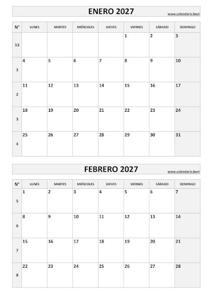 Calendario enero y febrero 2027 para imprimir en 1 página vertical, plantilla en blanco y negro (PDF y JPG)