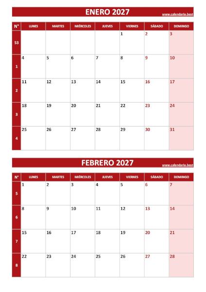 Calendario enero y febrero 2027 para imprimir en 1 página vertical, plantilla roja (PDF y JPG)