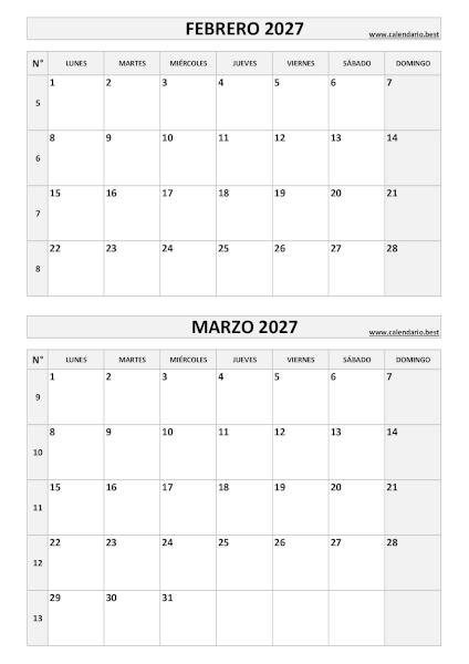Calendario febrero y marzo 2027 para imprimir en 1 página vertical, plantilla en blanco y negro (PDF y JPG)
