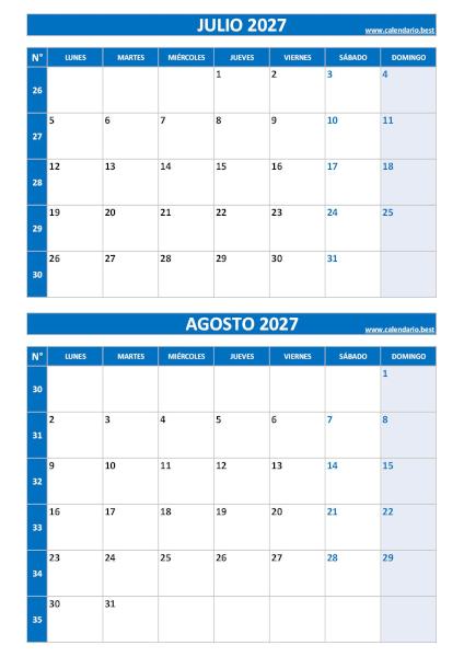 Plantilla de calendario 2027 vertical 2 meses por página para imprimir