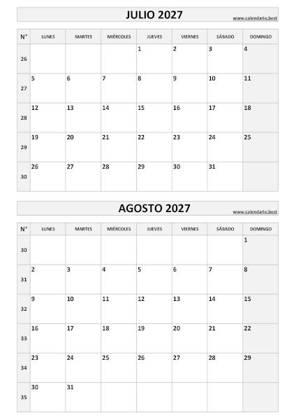 Calendario julio y agosto 2027 para imprimir en 1 página vertical, plantilla en blanco y negro (PDF y JPG)
