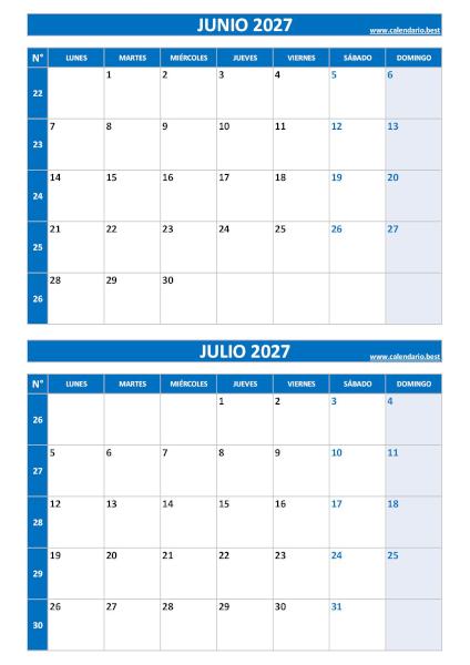 Calendario junio y julio 2027 para imprimir en 1 página vertical, plantilla azul (PDF y JPG)