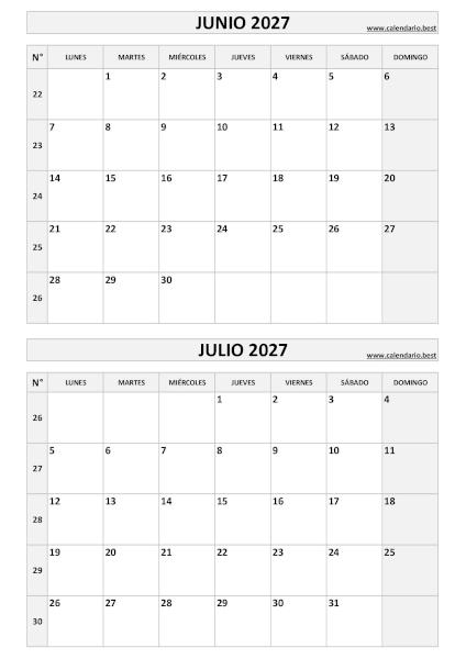 Calendario junio y julio 2027 para imprimir en 1 página vertical, plantilla en blanco y negro (PDF y JPG)