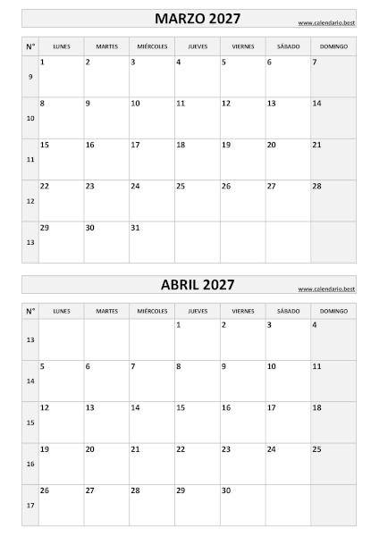 Calendario de marzo y abril 2027 en formato vertical azul para imprimir