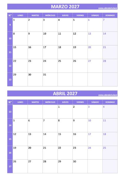 Calendario marzo y abril 2027 para imprimir gratis, diseño violeta elegante vertical (PDF y JPG)