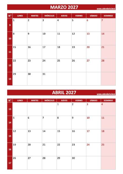 Calendario marzo y abril 2027 para imprimir en 1 página vertical, plantilla roja (PDF y JPG)
