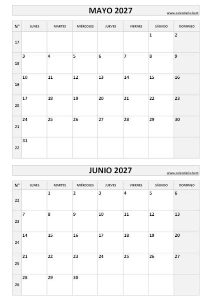 Calendario mayo y junio 2027 para imprimir en 1 página vertical, plantilla en blanco y negro (PDF y JPG)