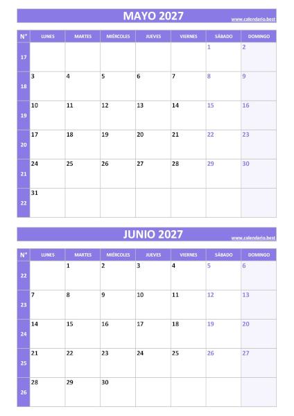 Calendario mayo y junio 2027 para imprimir gratis, diseño violeta elegante vertical (PDF y JPG)