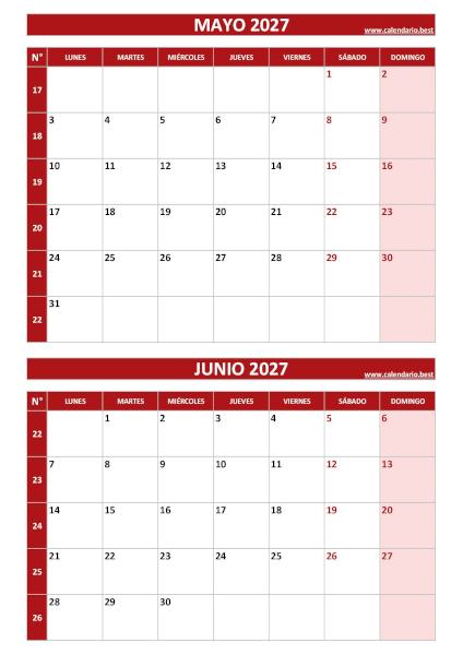 Calendario mayo y junio 2027 para imprimir en 1 página vertical, plantilla roja (PDF y JPG)