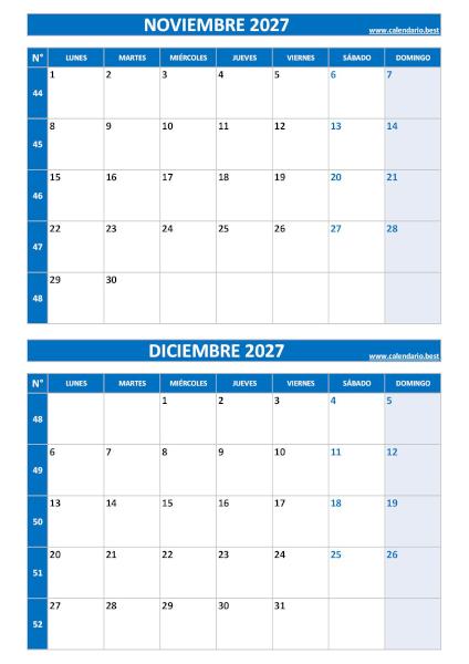 Calendario noviembre y diciembre 2027 para imprimir en 1 página vertical, plantilla azul (PDF y JPG)