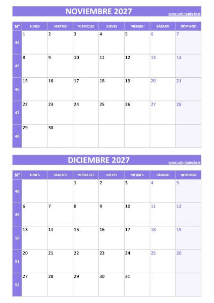 Calendario noviembre y diciembre 2027 para imprimir gratis, diseño violeta elegante vertical (PDF y JPG)