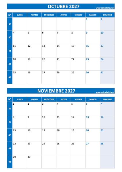 Calendario octubre y noviembre 2027 para imprimir en 1 página vertical, plantilla azul (PDF y JPG)