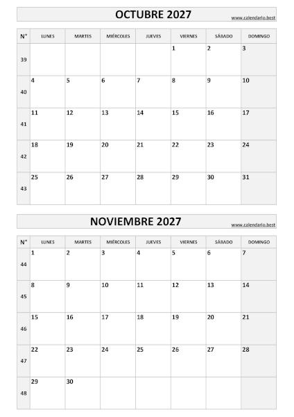 Calendario octubre y noviembre 2027 para imprimir en 1 página vertical, plantilla en blanco y negro (PDF y JPG)