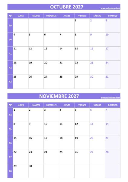 Calendario octubre y noviembre 2027 para imprimir gratis, diseño violeta elegante vertical (PDF y JPG)