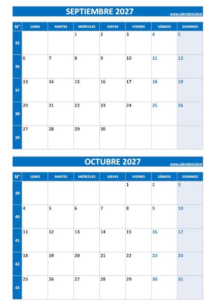 Calendario septiembre y octubre 2027 para imprimir en 1 página vertical, plantilla azul (PDF y JPG)
