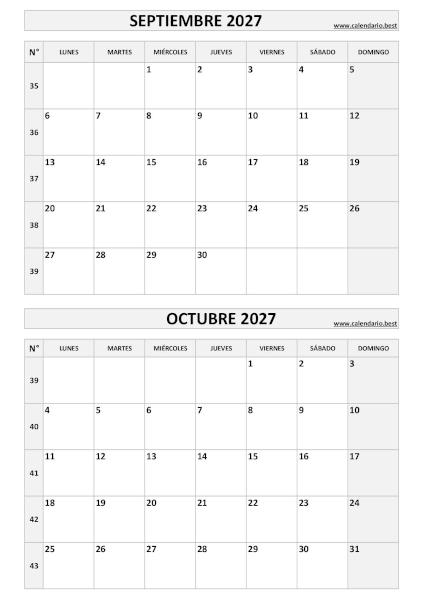 Calendario septiembre y octubre 2027 para imprimir en 1 página vertical, plantilla en blanco y negro (PDF y JPG)