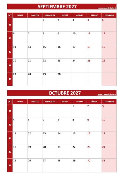 Calendario septiembre y octubre 2027 para imprimir en 1 página vertical, plantilla roja (PDF y JPG)