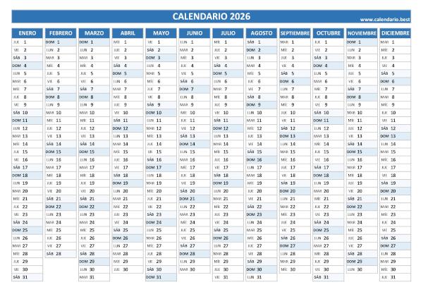 Calendario anual 2026 con los dos semestres en una sola página
