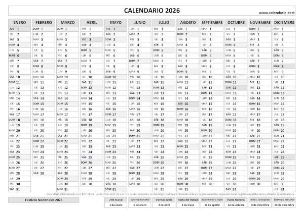 Calendario laboral 2026 lineal con festivos para imprimir: plantilla PDF et JPG blanco y negro de 12 meses en una hoja