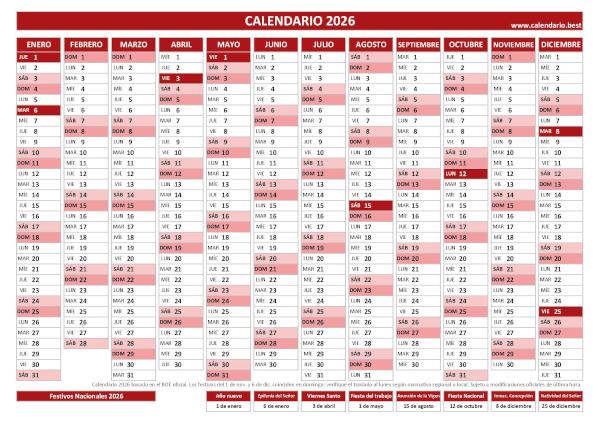 Calendario laboral 2026 lineal con festivos para imprimir: plantilla PDF y JPG de 12 meses en una hoja (rojo)