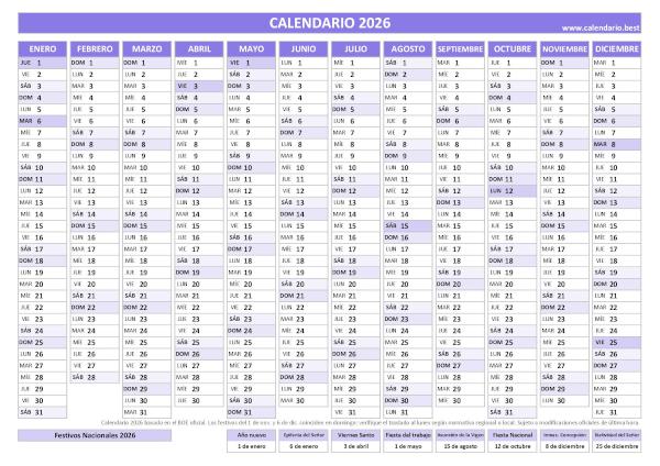 Calendario laboral 2026 lineal con festivos para imprimir: plantilla PDF y JPG de 12 meses en una hoja (morado)